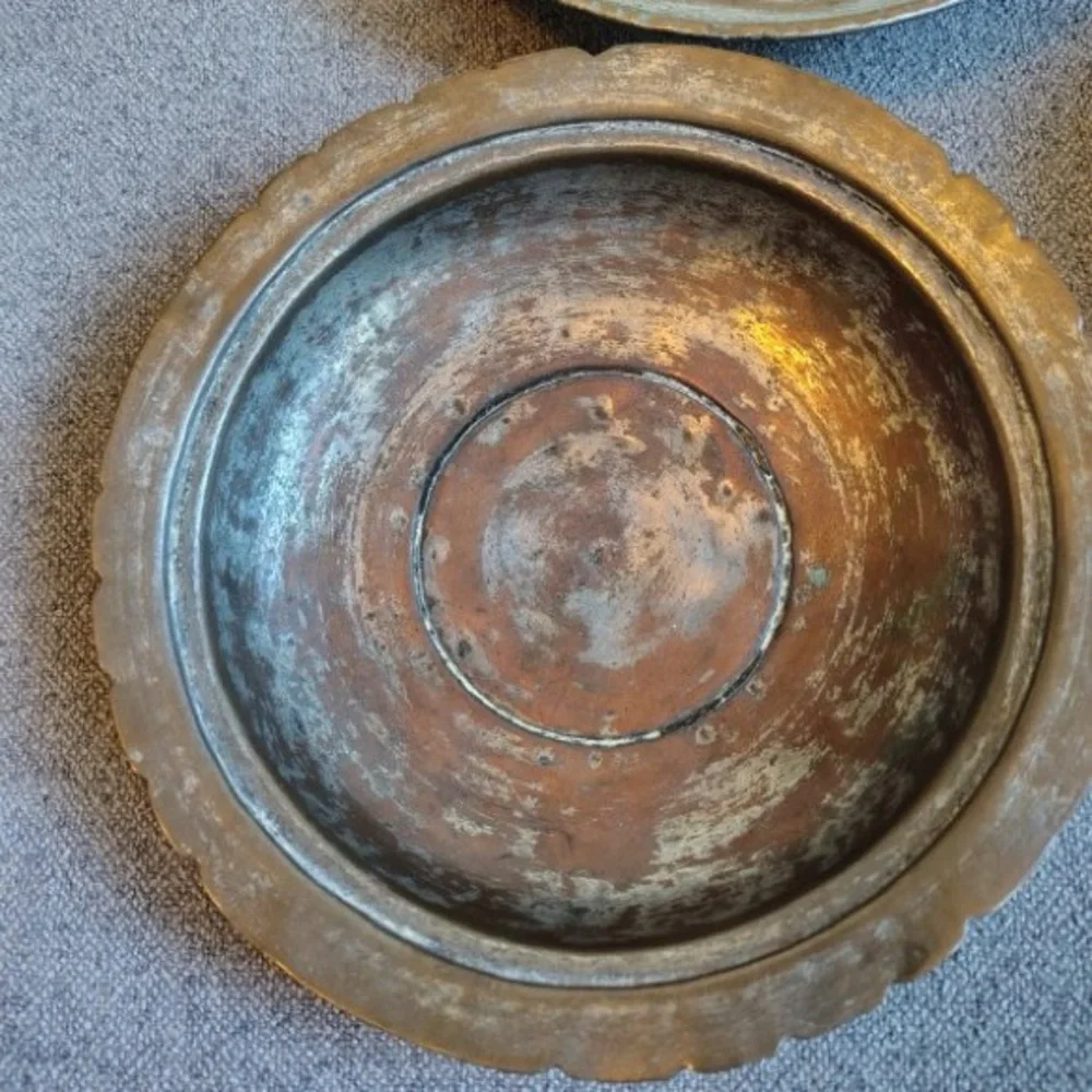 Vtg Handmade Copper Bowls (3) Patina Heavy Primitive Metal Fluted Ribbed Engrave